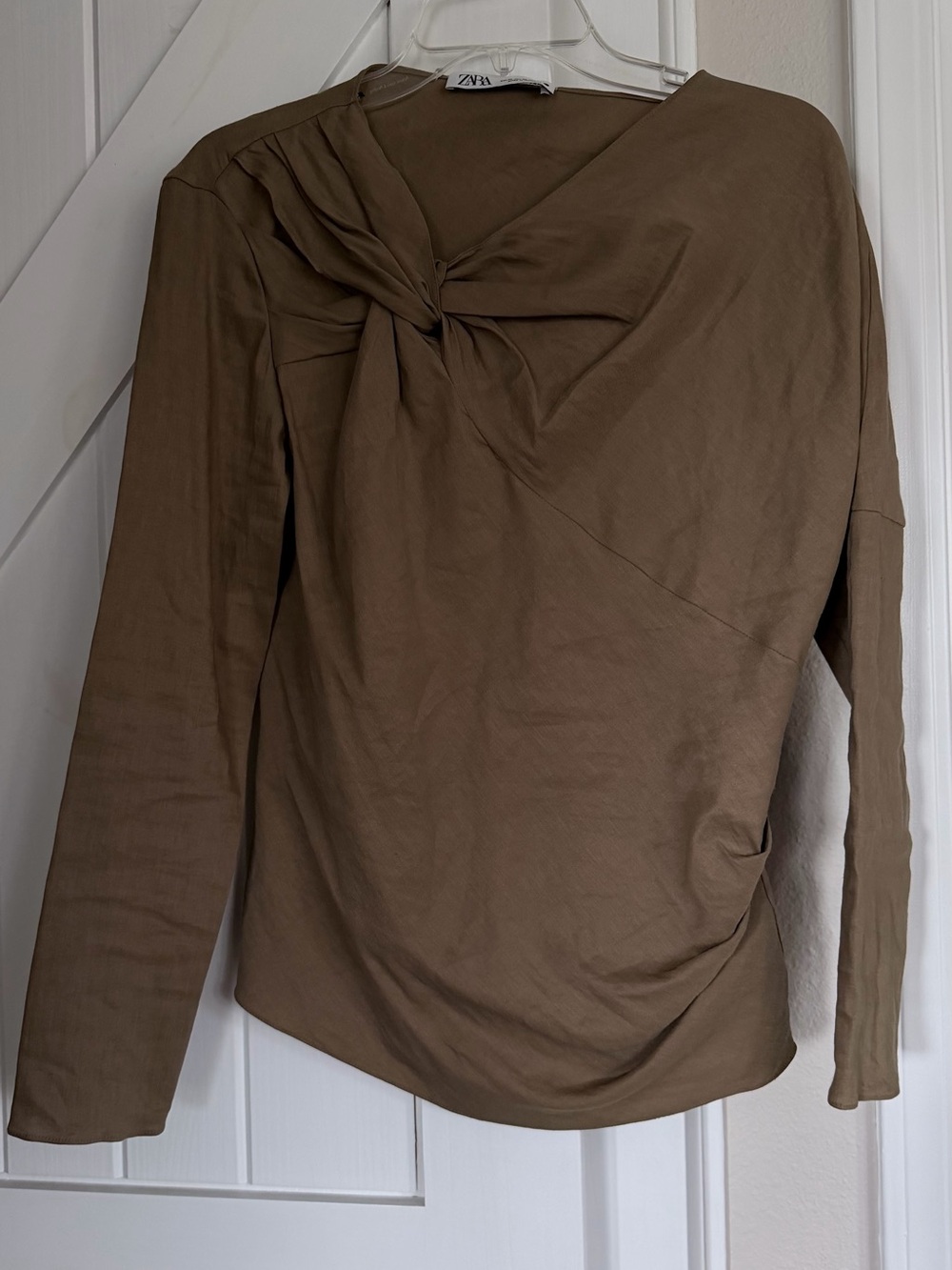 Zara Olive Brown Twist-Neck Long Sleeve Top
